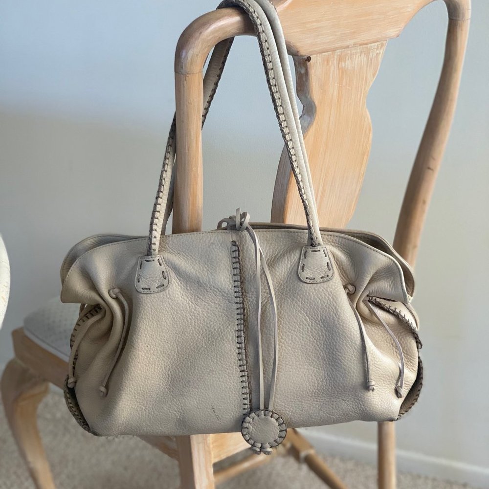 Carlos Falchi Cream Color Handbag With Brown Stitching